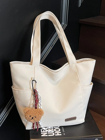Women Minimalist Canvas Tote Bag Large Capacity Casual Shoulder Bag With Cute Bear Pendant Stitched Commuter Handbag