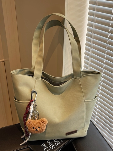 Women Minimalist Canvas Tote Bag Large Capacity Casual Shoulder Bag With Cute Bear Pendant Stitched Commuter Handbag