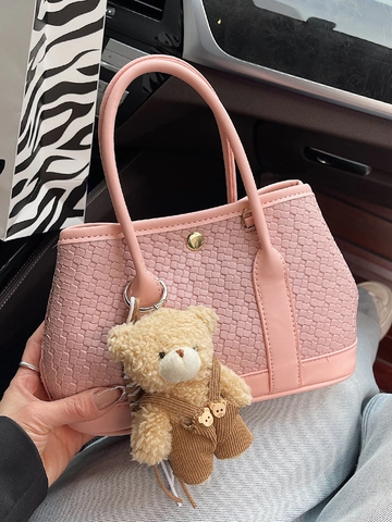 Borsa a Secchiello in Pelle PU Intrecciata da Donna Borsa Minimalista Con Orsetto Moda Versatile Tracolla Quotidiana