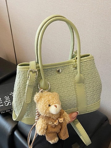 Borsa a Secchiello in Pelle PU Intrecciata da Donna Borsa Minimalista Con Orsetto Moda Versatile Tracolla Quotidiana