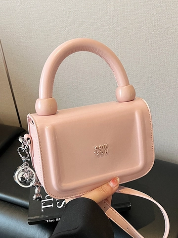 Fashion Women Glossy PU Leather Small Square Crossbody Bag Simple Urban Handbag Balloon Dog Charm Daily Commuting Purse