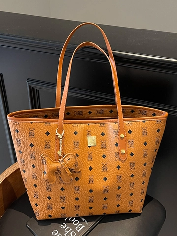 Damen PU Leder Tote Bag Große Kapazität Bären Druck Klassisches Rautenmuster Urbaner Minimalistischer Schultertasche Pendler Handtasche