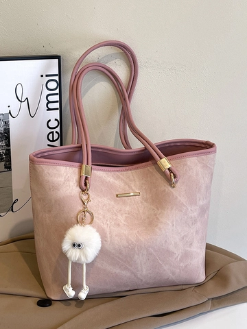 Women Large Capacity Tote Bag Minimalist PU Leather Shoulder Bag For Commuter With Contrast Color And Plush Pendant