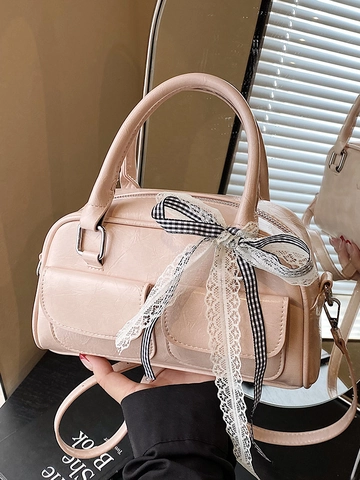 Borsa Boston da Donna in Pelle PU con Fiocco in Pizzo e Nastro a Quadri Borsa a Tracolla per Uso Quotidiano Versatile
