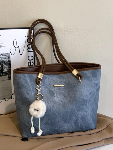 Women Large Capacity Tote Bag Minimalist PU Leather Shoulder Bag For Commuter With Contrast Color And Plush Pendant
