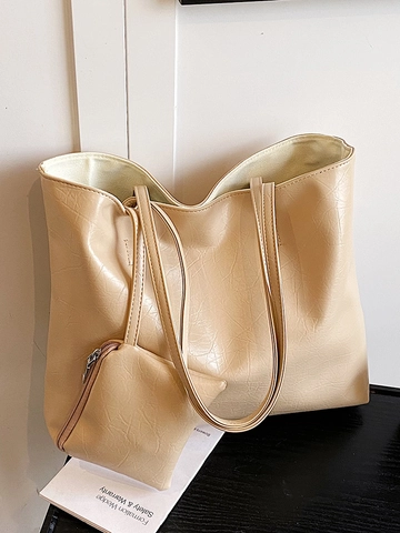 Borsa Tote da Donna in Pelle PU Grande Capacità Texture Metallica Increspata Set Borsa a Spalla Business Con Pochette Casual