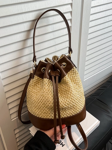 Borsa a Secchiello in Paglia Intrecciata Vintage da Donna Borsa a Tracolla in Pelle PU Patchwork con Coulisse Stile Spiaggia Vacanza