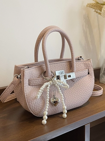 Sac Seau pour Femmes en Cuir PU Grainé de Litchi Avec Pendentif Nœud en Perles Fermeture à Verrou Sac à Main Bandoulière