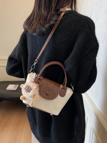 Sac à Épaule Vintage en Cuir PU pour Femmes Fashion Tote Bag avec Breloque en Peluche pour le Bureau et l'Usage Quotidien Sac à Main