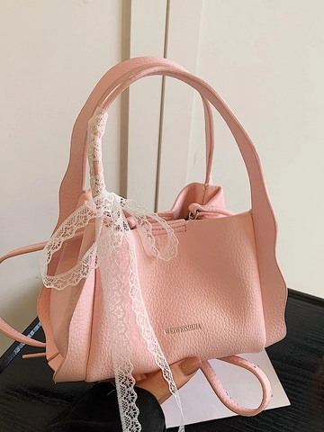 Borsa a Secchiello da Donna in Pelle PU Stile Coreano Con Fiocco di Pizzo Grana di Litchi Borsa a Mano Versatile a Tracolla