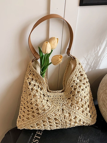 Handmade Straw Woven Tote Bag Hollow Out Contrast Color Beach Shoulder Bag Large Capacity Vacation Bohemian Handbag For Women