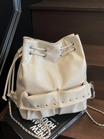 Damen Koreanischer Moto Stil Kordelzug Eimer Rucksack PU Leder Mode Silberne Nieten Kette Umhängetasche Pendler Große Tasche