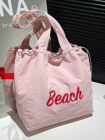 Sac Fourre-tout de Plage Grande Capacité pour Femmes Sac à Épaule en Nylon Décontracté avec Impression de Lettres et Cordon Sac à Main Léger