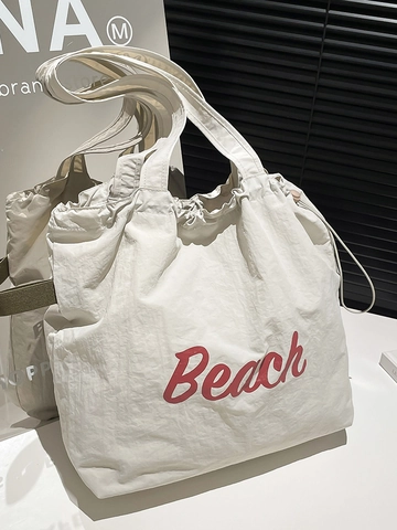 Sac Fourre-tout de Plage Grande Capacité pour Femmes Sac à Épaule en Nylon Décontracté avec Impression de Lettres et Cordon Sac à Main Léger