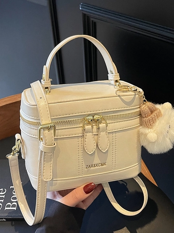 Women Korean Style PU Leather Box Crossbody Bag Niche Design Handheld Vanity Case Bag With Plush Sheep Charm Small Square Bag