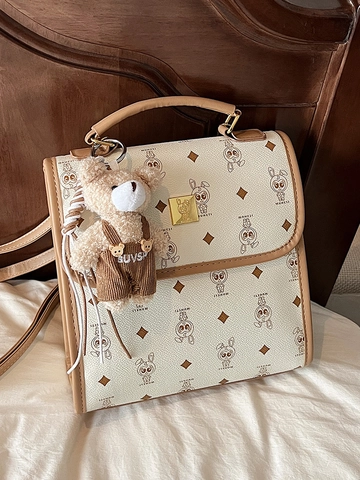 Damen Vintage Monogramm Druck Kleine Quadratische Tasche Mode PU Leder Umhängetasche Rucksack Mit Plüschbär Charme Handtasche