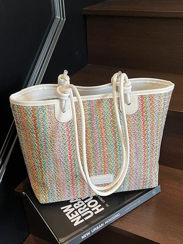 Damen Mehrfarbig Gestreifte Stroh Gewebte Tragetasche Große Kapazität Schultertasche Für Strand Urlaub Mode Pendeln Handtasche
