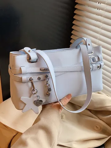 Borsa a Spalla da Donna in Pelle PU Stile Coreano Tinta Unita Borsa da Pendolare Con Ciondolo a Stella e Cuore Borsa a Mano