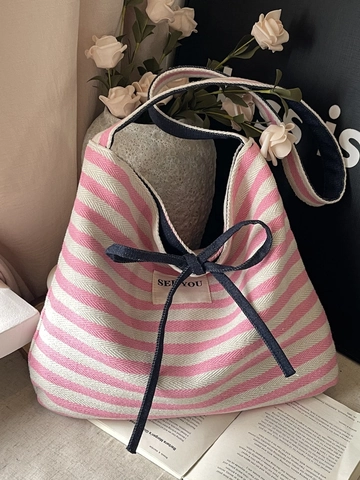 Damen Gestreifte Segeltuch Tote Bag Große Kapazität Wendbare Umhängetasche Mit Schleifendekoration Lässige Handtasche Im Koreanischen Stil