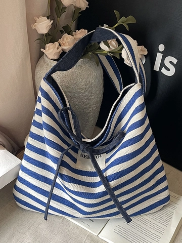 Damen Gestreifte Segeltuch Tote Bag Große Kapazität Wendbare Umhängetasche Mit Schleifendekoration Lässige Handtasche Im Koreanischen Stil