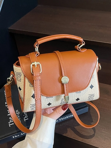 Retro Monogram Bear Print Small Square Bag For Women Luxury PU Leather Top Handle Handbag Adjustable Shoulder Strap Bag