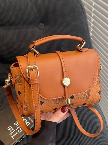 Retro Monogram Bear Print Small Square Bag For Women Luxury PU Leather Top Handle Handbag Adjustable Shoulder Strap Bag