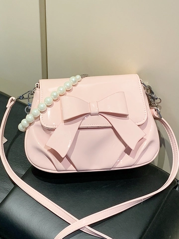 Französisch Süßer Stil Schleife Dekor Damen Tasche Perlenkette Hochglanz Leder Kleine Umhängetasche Elegant Vielseitig Handtasche