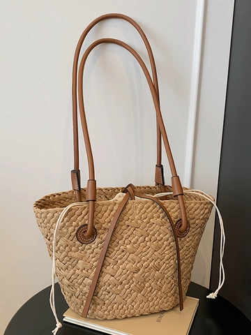 Damen Stroh Gewebte Tragetasche Große Kapazität Casual Strand Urlaub Handtasche Mit Lederriemen Minimalistische Korb Tasche Für Den Sommer