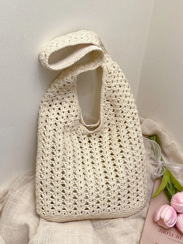 Damen Minimalistische Gewebte Tote Bag Große Kapazität Hohl Häkeln Blumenmuster Umhängetasche Für Urlaub Alltag Freizeit Pendeln