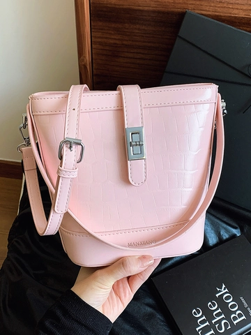Petit Sac Seau en Cuir PU à Motif Crocodile Minimaliste Urbain Pour Femmes Avec Serrure Métallique Bandoulière Réglable