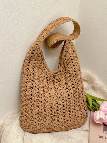 Damen Minimalistische Gewebte Tote Bag Große Kapazität Hohl Häkeln Blumenmuster Umhängetasche Für Urlaub Alltag Freizeit Pendeln