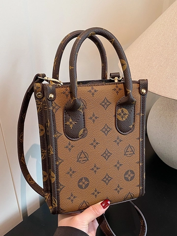 Borsa a Mano Piccola Quadrata in Pelle PU Con Stampa Monogramma Vintage per Donna Borsa a Tracolla Retro Versatile