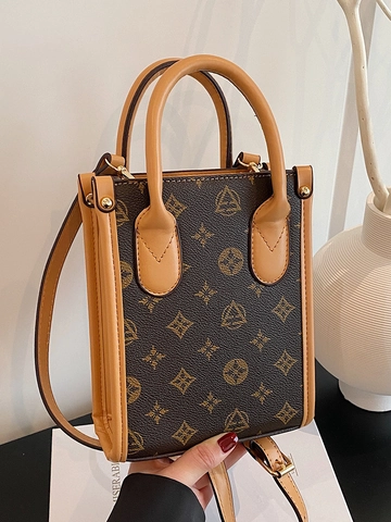 Borsa a Mano Piccola Quadrata in Pelle PU Con Stampa Monogramma Vintage per Donna Borsa a Tracolla Retro Versatile
