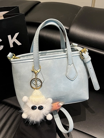 Fashion Women PU Leather Bucket Bag Small Minimalist Crossbody Handbag With Plush Monster Charm Solid Color Daily Commute Tote