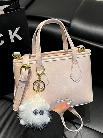 Fashion Women PU Leather Bucket Bag Small Minimalist Crossbody Handbag With Plush Monster Charm Solid Color Daily Commute Tote