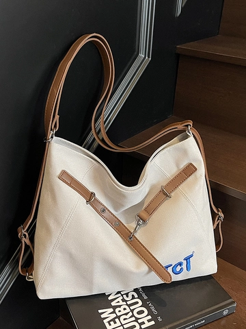 Sac Fourre-tout en Toile Grande Capacité pour Femme Garniture en Cuir Artificiel Lettres Brodées Sac à Bandoulière Décontracté École