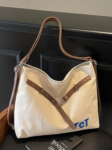 Sac Fourre-tout en Toile Grande Capacité pour Femme Garniture en Cuir Artificiel Lettres Brodées Sac à Bandoulière Décontracté École