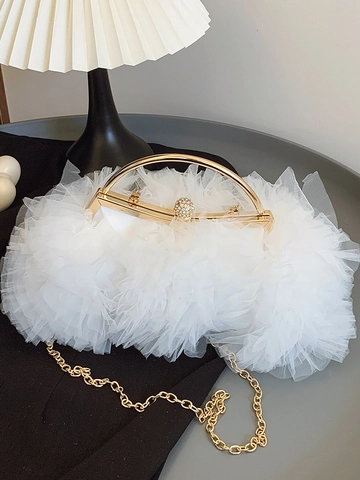 Borsa a Tracolla in Pizzo a Rete con Volant da Donna Elegante Borsa a Mano con Catena e Manico in Metallo Chiusura con Strass