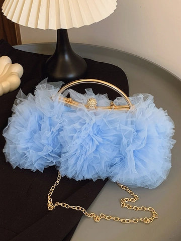 Borsa a Tracolla in Pizzo a Rete con Volant da Donna Elegante Borsa a Mano con Catena e Manico in Metallo Chiusura con Strass