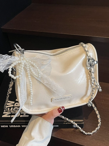 Borsa a Mano a Cuscino in Pelle PU di Alta Qualità per Donna Con Fiocco in Pizzo e Perle Artificiali Borsa a Tracolla alla Moda
