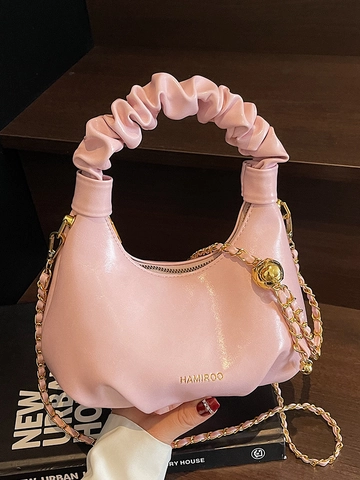 Bolso Hobo de Moda para Mujer con Asa Fruncida Pequeño Cuero PU Cadena Bandolera Color Sólido Bolso de Axila de Tendencia Diario
