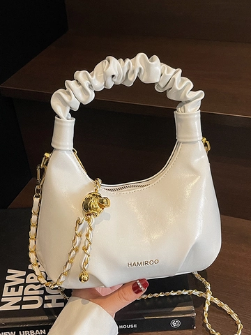 Bolso Hobo de Moda para Mujer con Asa Fruncida Pequeño Cuero PU Cadena Bandolera Color Sólido Bolso de Axila de Tendencia Diario