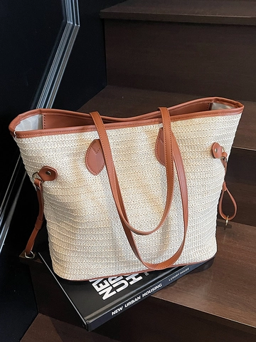 Large Capacity Women Straw Woven Tote Bag Contrast Color Synthetic Leather Handle Casual Shoulder Bag Summer Beach Bag