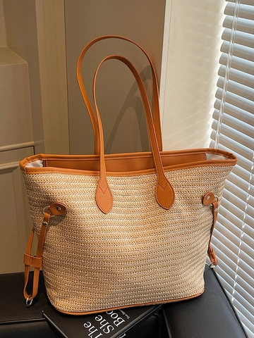 Large Capacity Women Straw Woven Tote Bag Contrast Color Synthetic Leather Handle Casual Shoulder Bag Summer Beach Bag