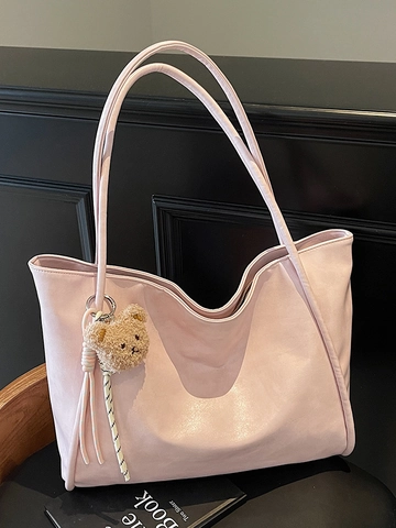 Borsa Tote in Pelle PU di Grande Capacità per Donna Borsa a Tracolla Minimalista Urbana Con Ciondolo Orsetto Pendolarismo Versatile