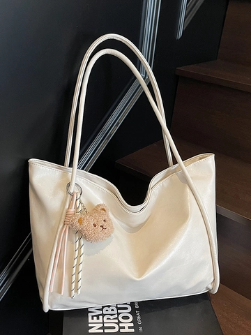 Borsa Tote in Pelle PU di Grande Capacità per Donna Borsa a Tracolla Minimalista Urbana Con Ciondolo Orsetto Pendolarismo Versatile