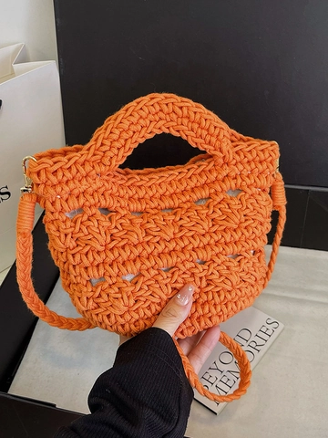Bolso de Mano Tejido Calado para Mujer Bolso de Cubo de Cuerda de Algodón Color Sólido Bolso de Hombro Cruzado Estilo Bosque Bolso de Moda Casual