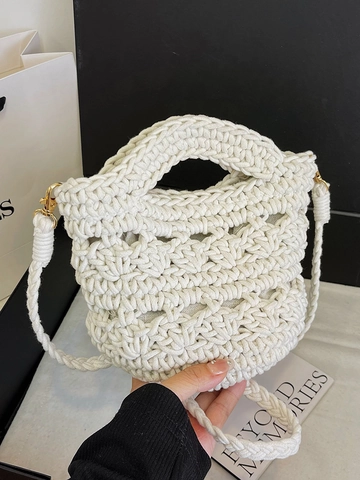 Bolso de Mano Tejido Calado para Mujer Bolso de Cubo de Cuerda de Algodón Color Sólido Bolso de Hombro Cruzado Estilo Bosque Bolso de Moda Casual