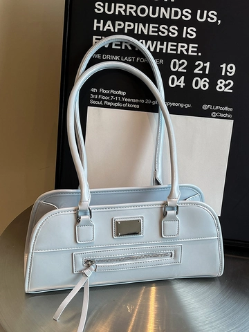 Minimalist PU Leather Underarm Shoulder Bag For Women Fashion Commuting Handbag With Metal Plate Decor And Tassel Zipper