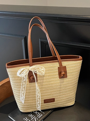 Sommer Urlaub Große Stroh Tragetasche Für Damen Gewebte Schultertasche Mit Spitzenschleife Dekor Kontrast Ledergriff Handtasche